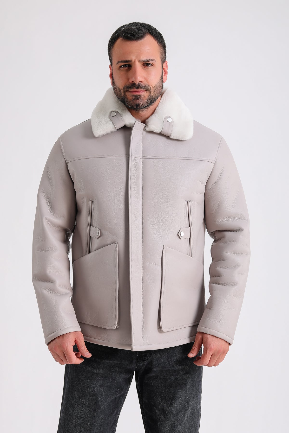 Men's Leather Shearling Jacket, Beige