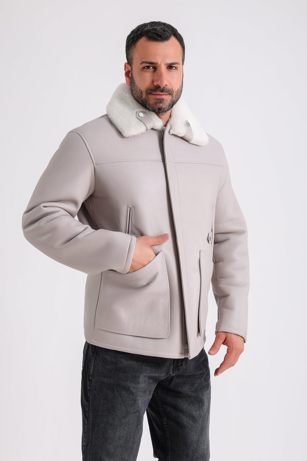 Men's Leather Shearling Jacket, Beige