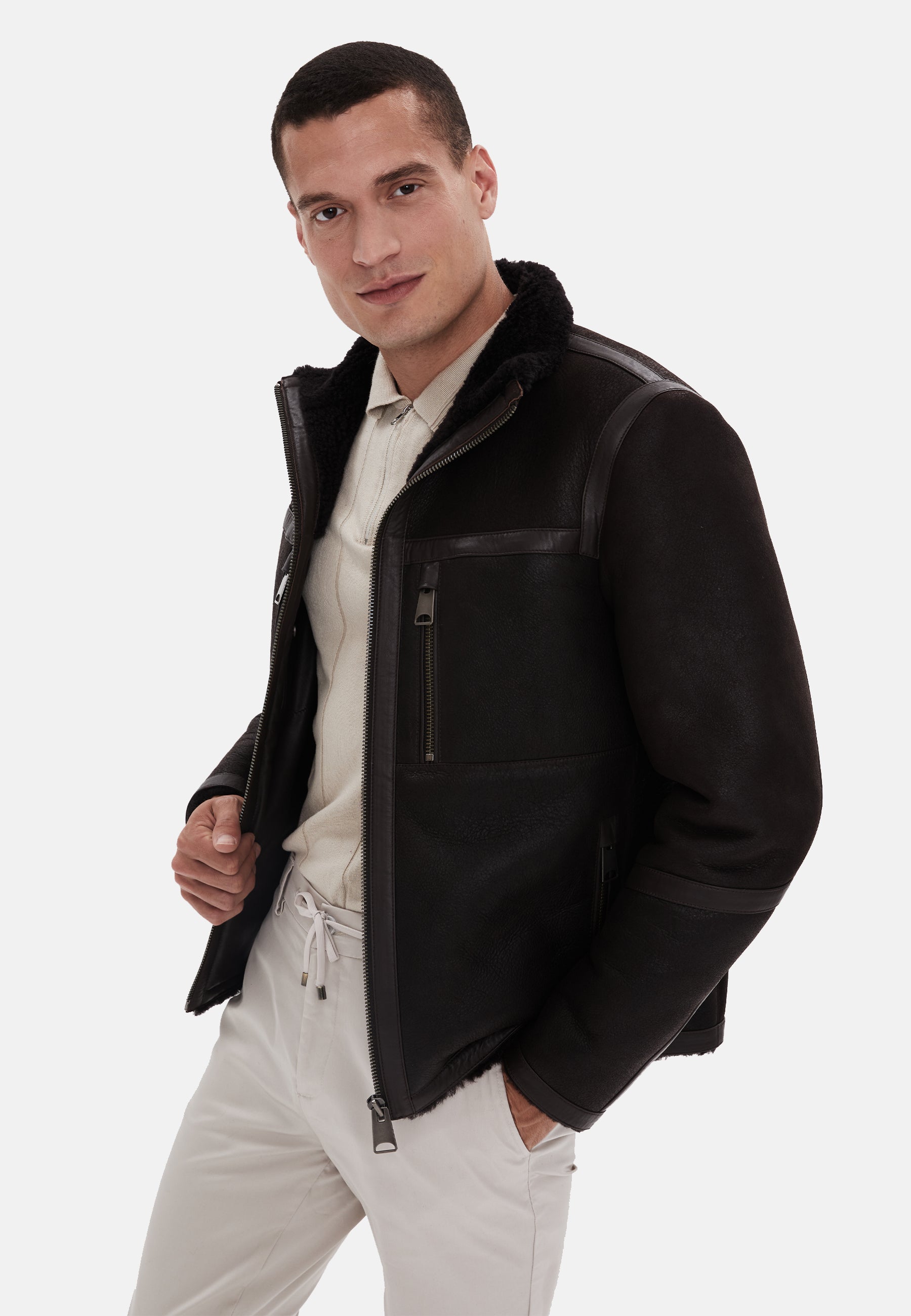 Men's Fashion Leather Jacket, Washed Brown, Brown Curly Wool