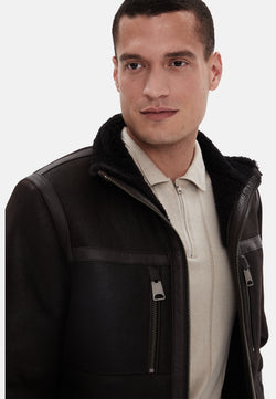 Image of Men's Fashion Leather Jacket, Washed Brown, Brown Curly Wool