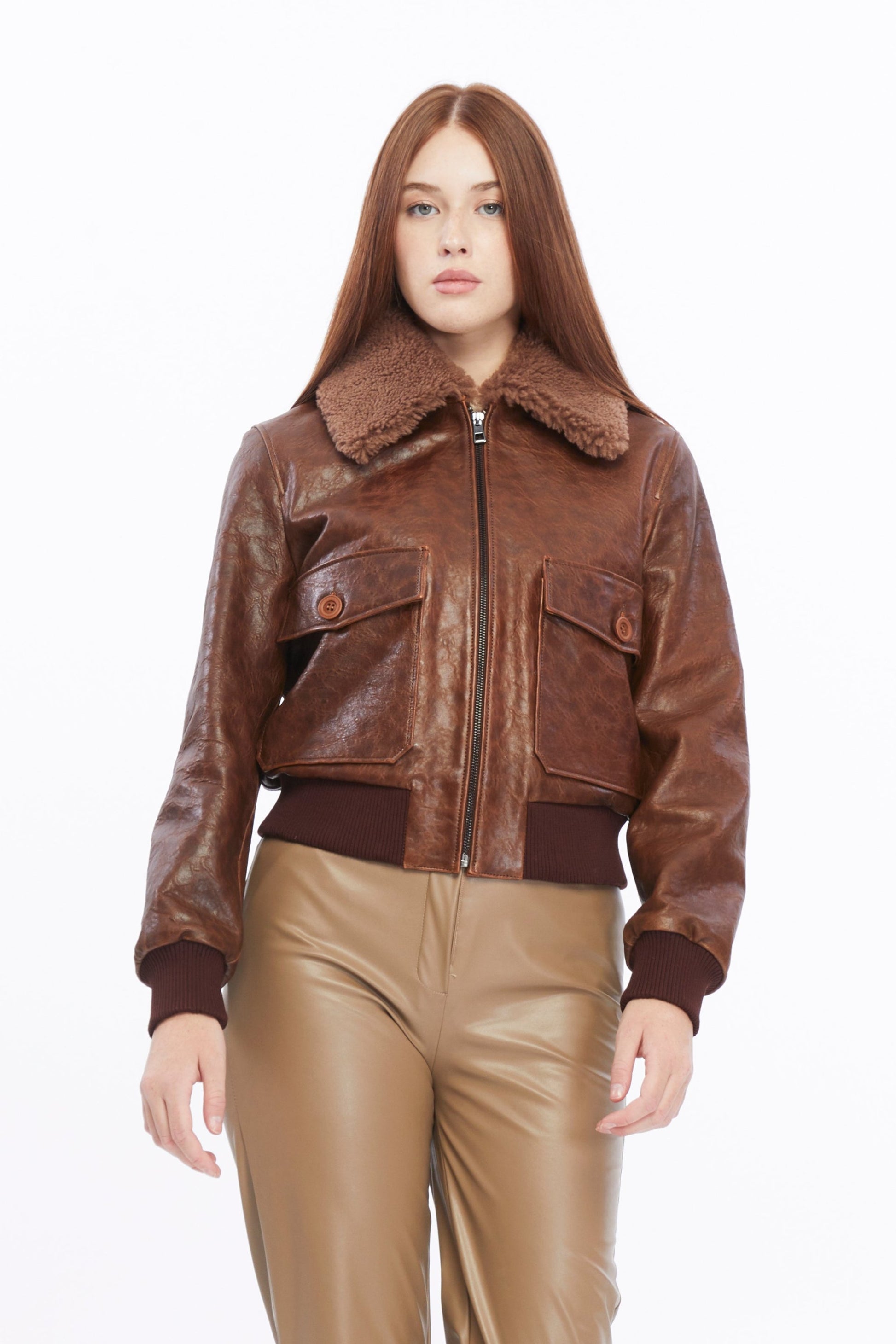 Women's Leather Bomber Jacket, Rich Brown