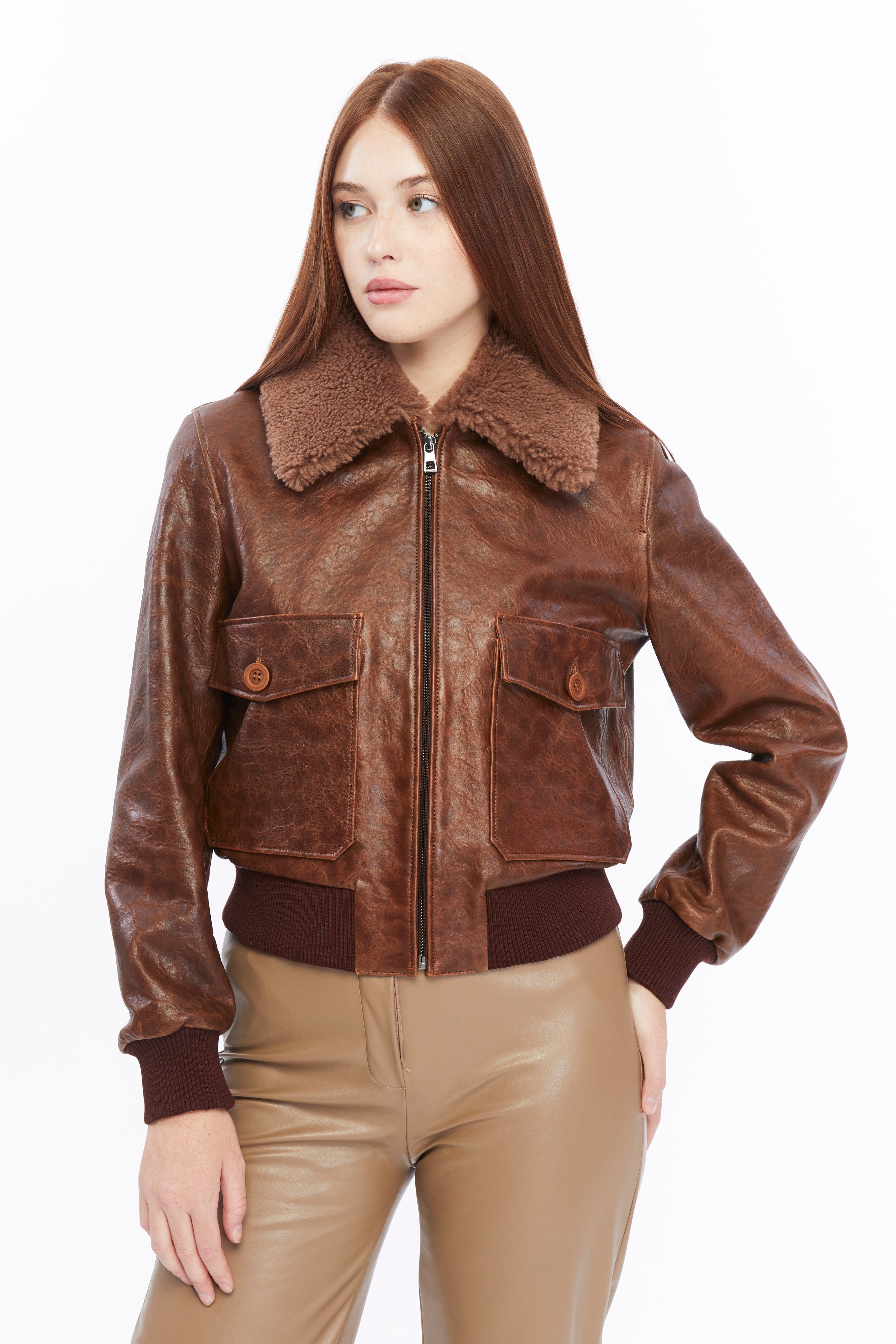 Women's Leather Bomber Jacket, Rich Brown