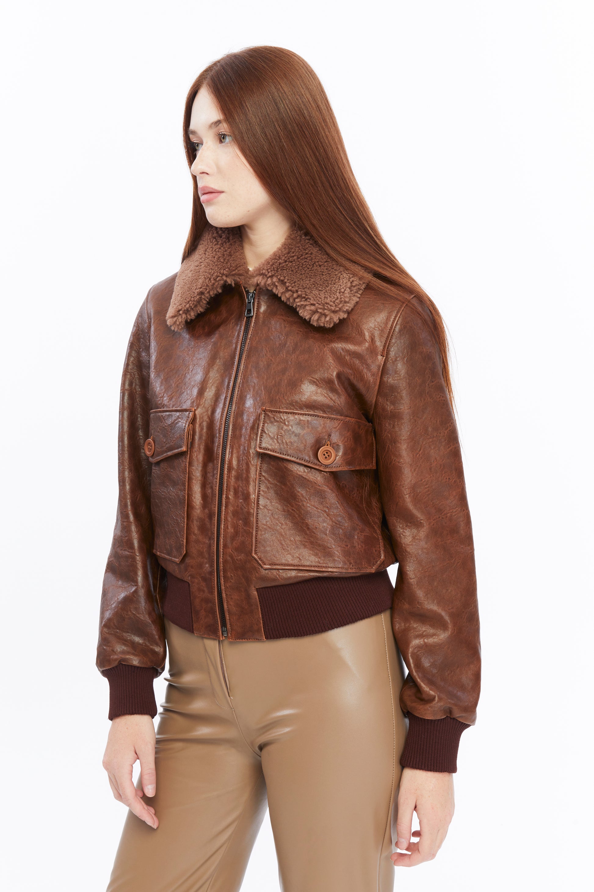 Women's Leather Bomber Jacket, Rich Brown