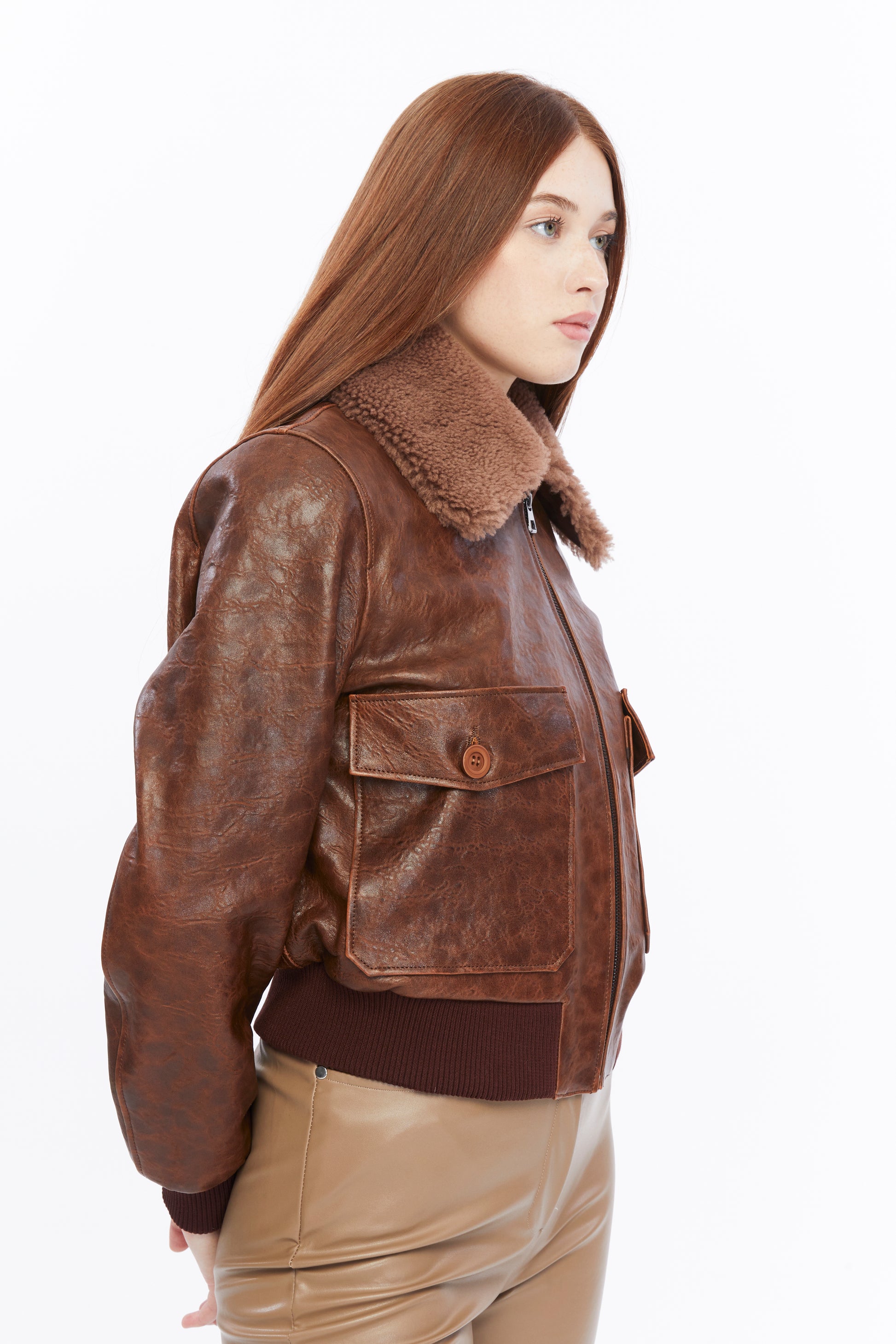 Women's Leather Bomber Jacket, Rich Brown