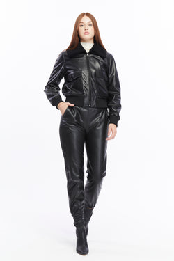 Image of Women's Leather Bomber Jacket, Black