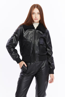 Image of Women's Leather Bomber Jacket, Black