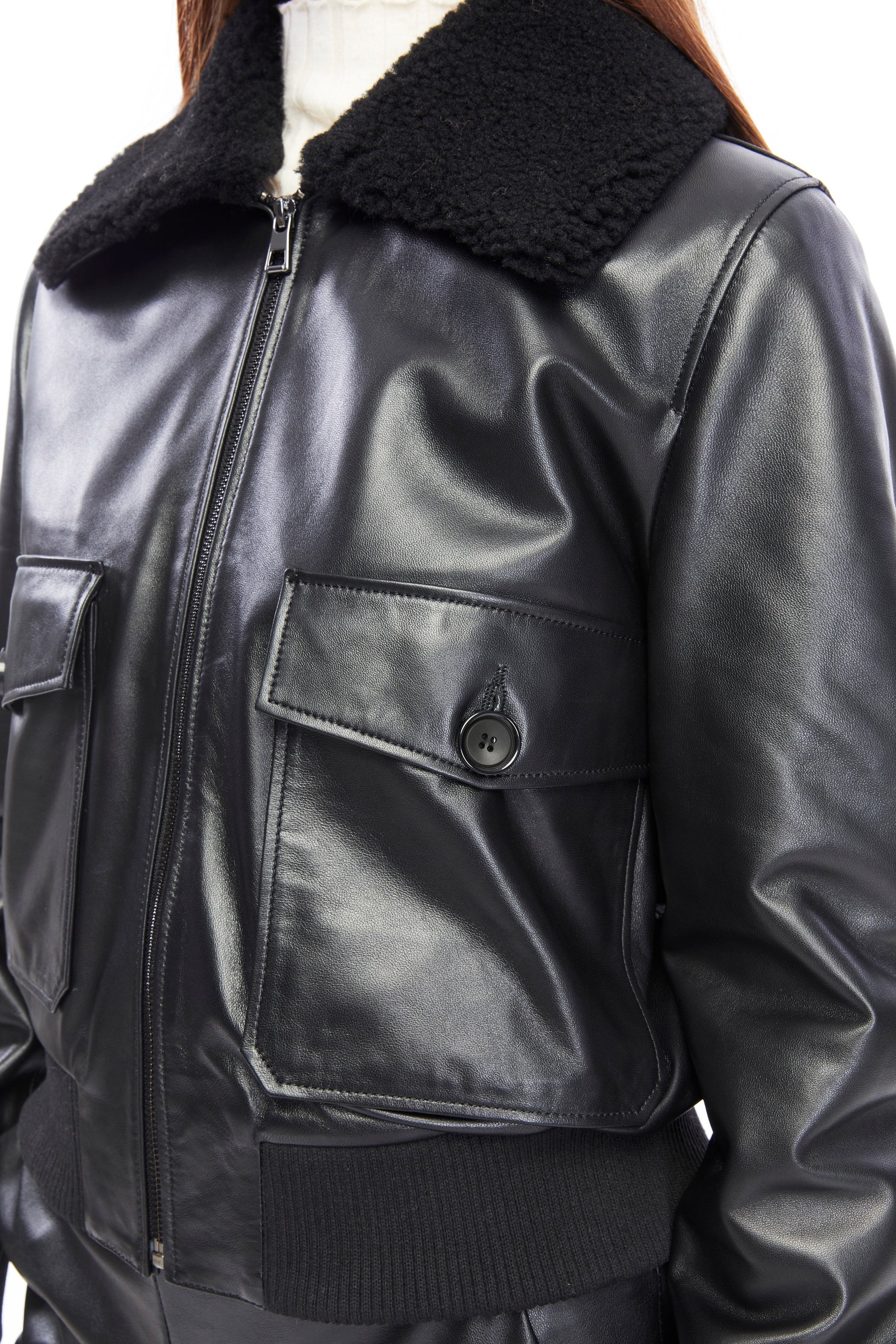 Women's Leather Bomber Jacket, Black