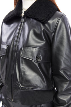 Image of Women's Leather Bomber Jacket, Black