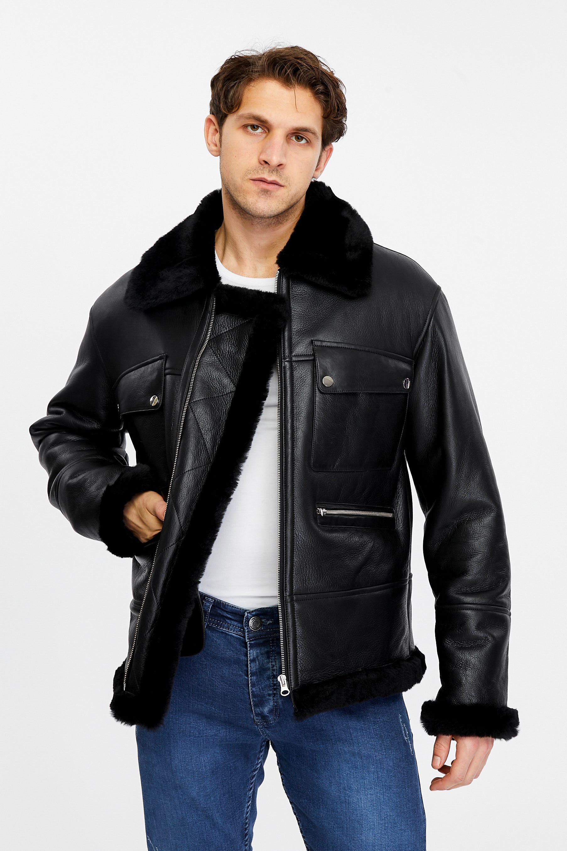 Men's Shearling Bomber Jacket, Black