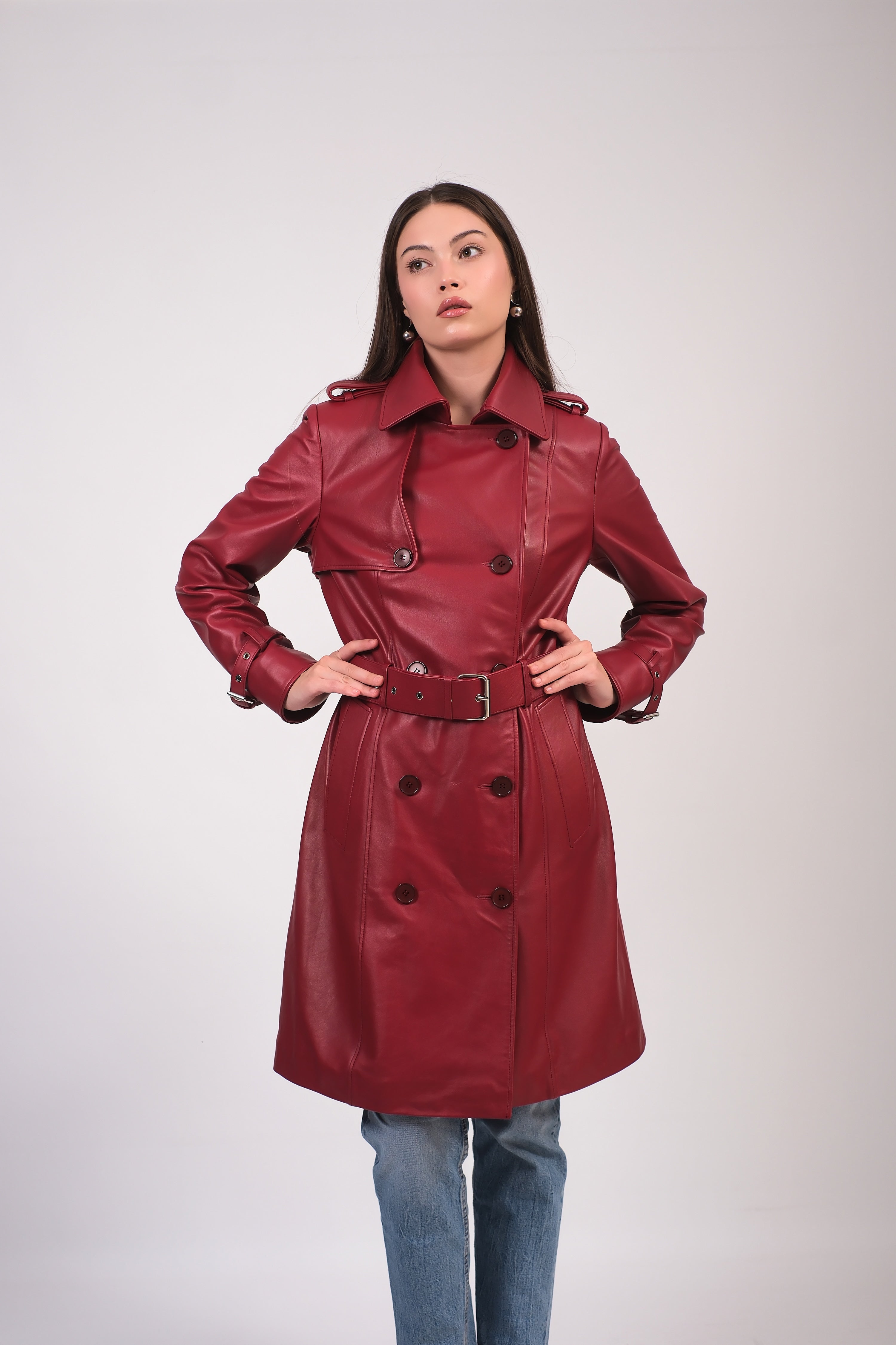 Women's Leather Trench Coat, Burgundy