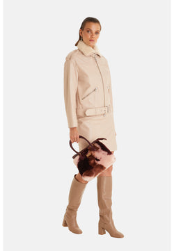 Image of Women's Genuine Leather Belted Biker Jacket, Nappa Beige