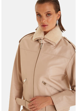 Image of Women's Genuine Leather Belted Biker Jacket, Nappa Beige