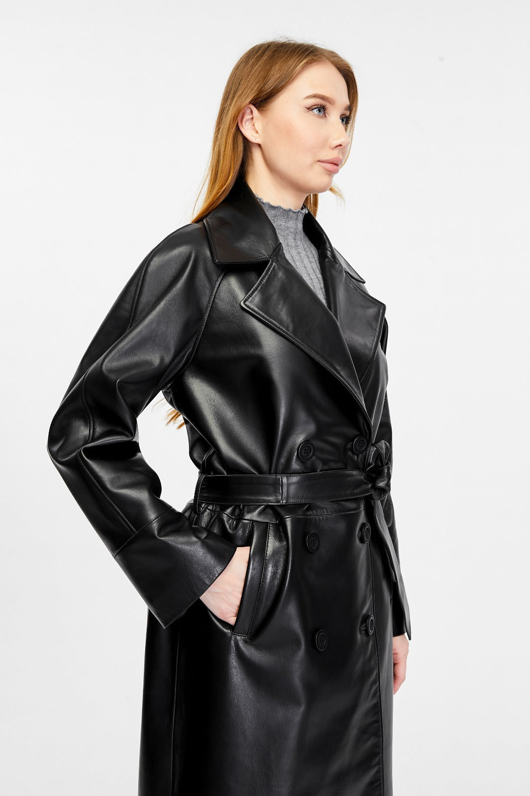 Women's Leather Trench Coat, Black