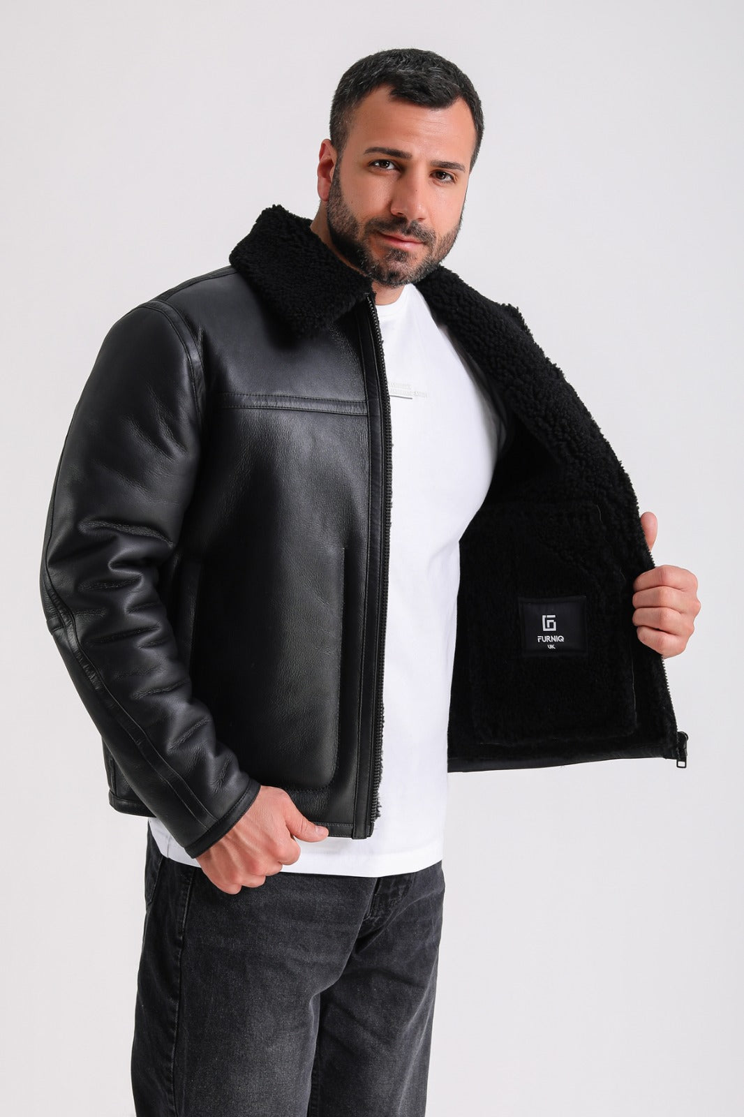 Men's Leather Shearling Jacket, Black