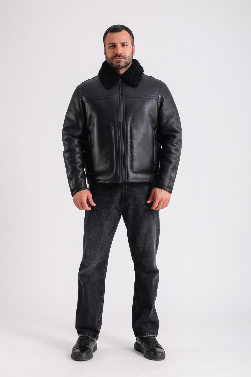 Men's Leather Shearling Jacket, Black