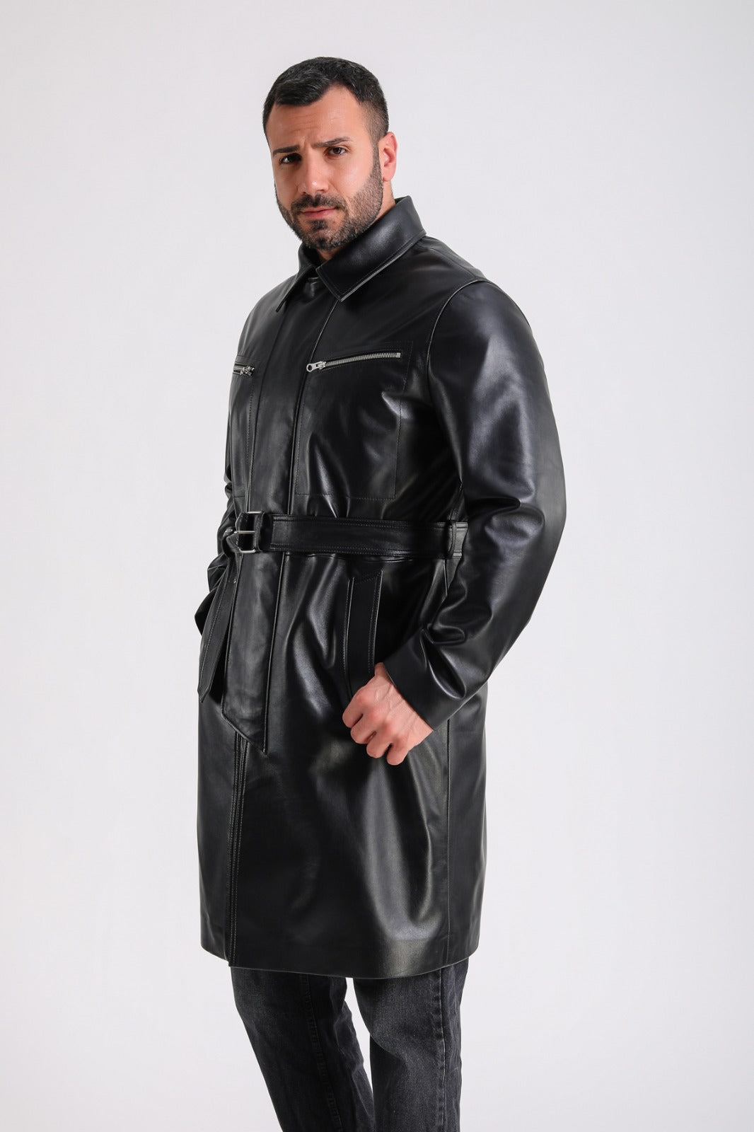 Men's Leather Trench Coat, Black