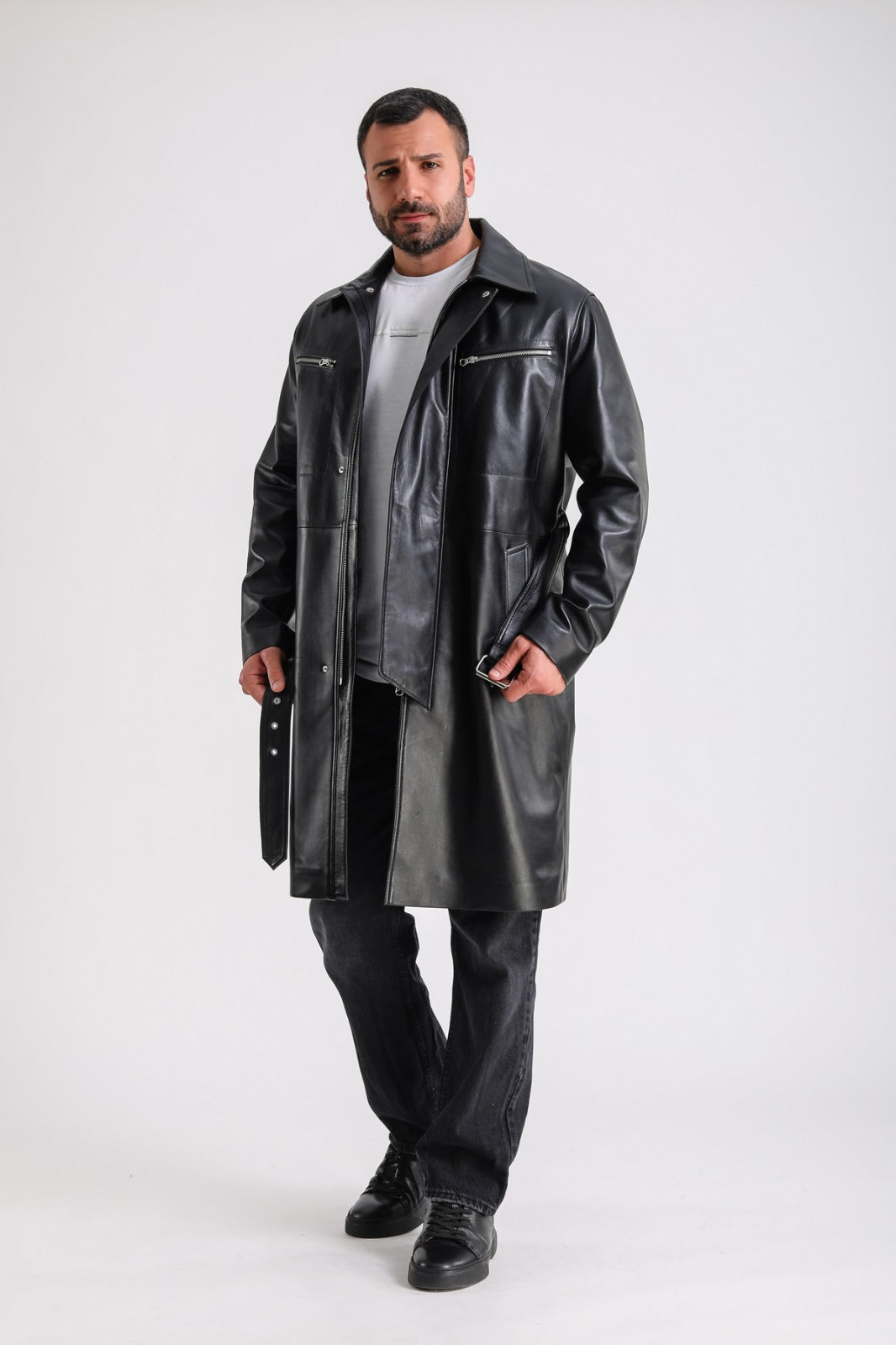 Men's Leather Trench Coat, Black