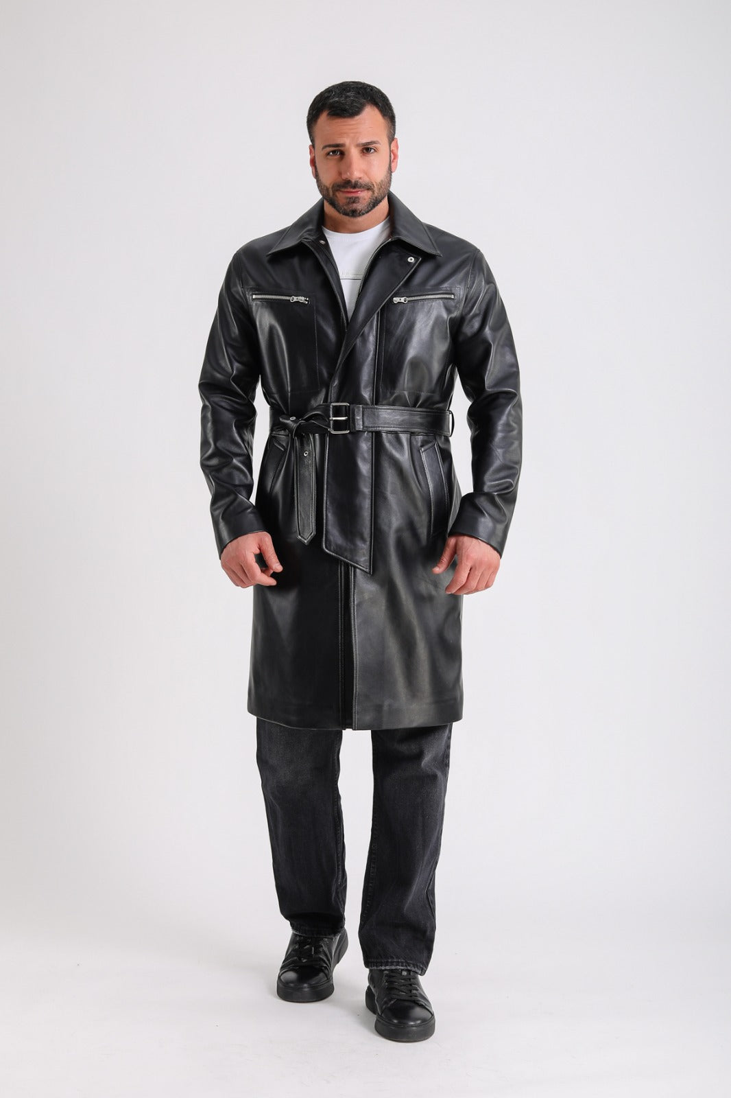 Men's Leather Trench Coat, Black