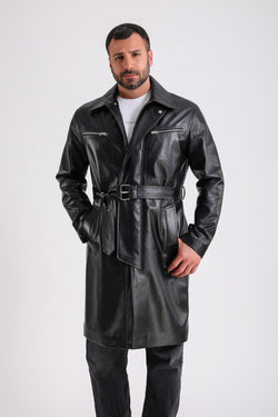 Image of Men's Leather Trench Coat, Black