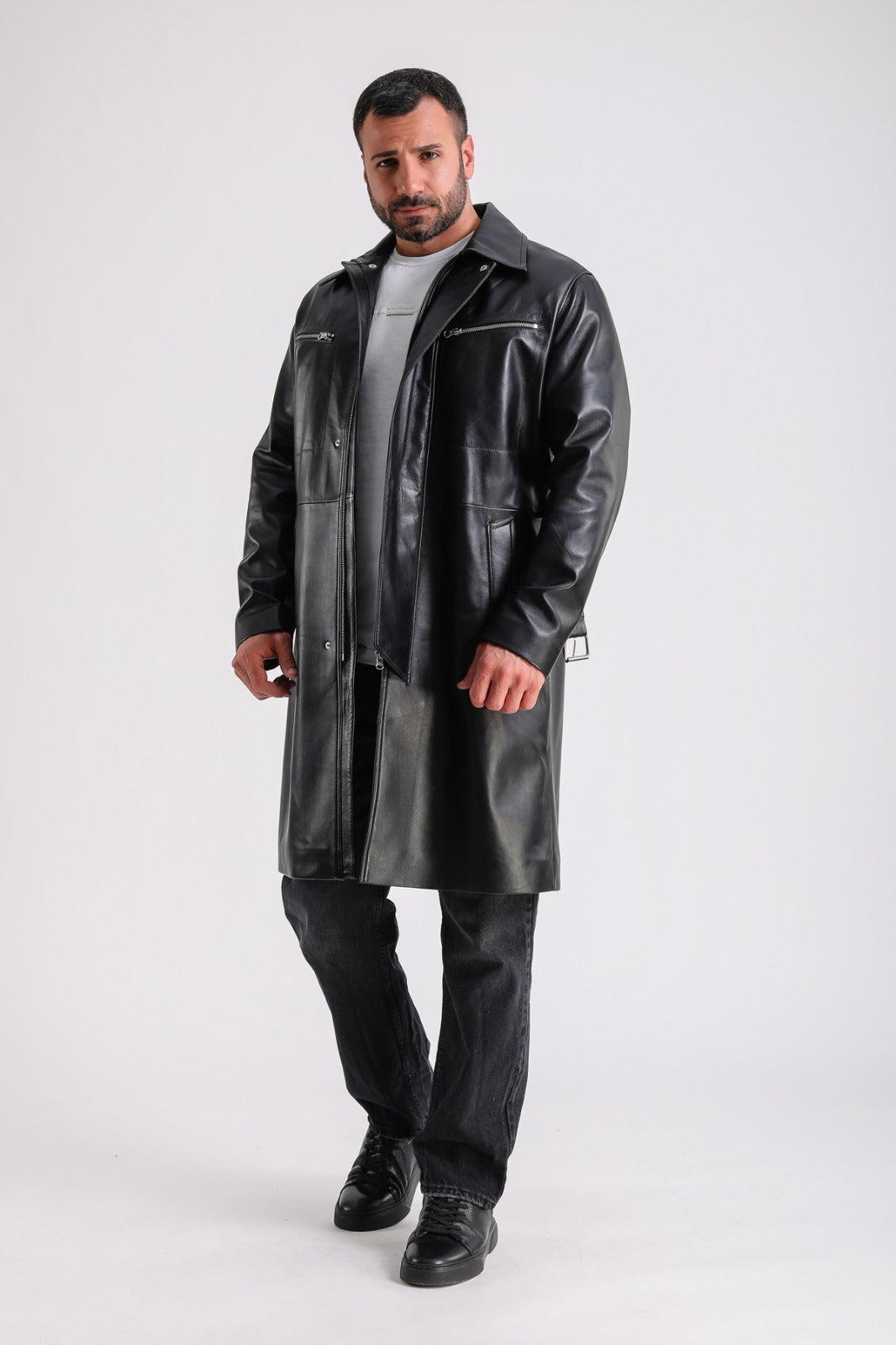 Men's Leather Trench Coat, Black