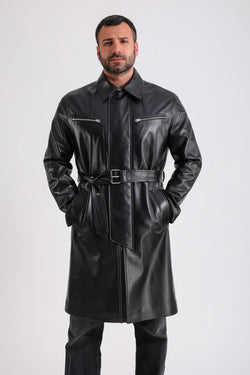 Image of Men's Leather Trench Coat, Black