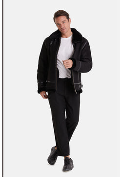 Image of Men's Shearling Aviator Jacket, Washed Black with Black Wool