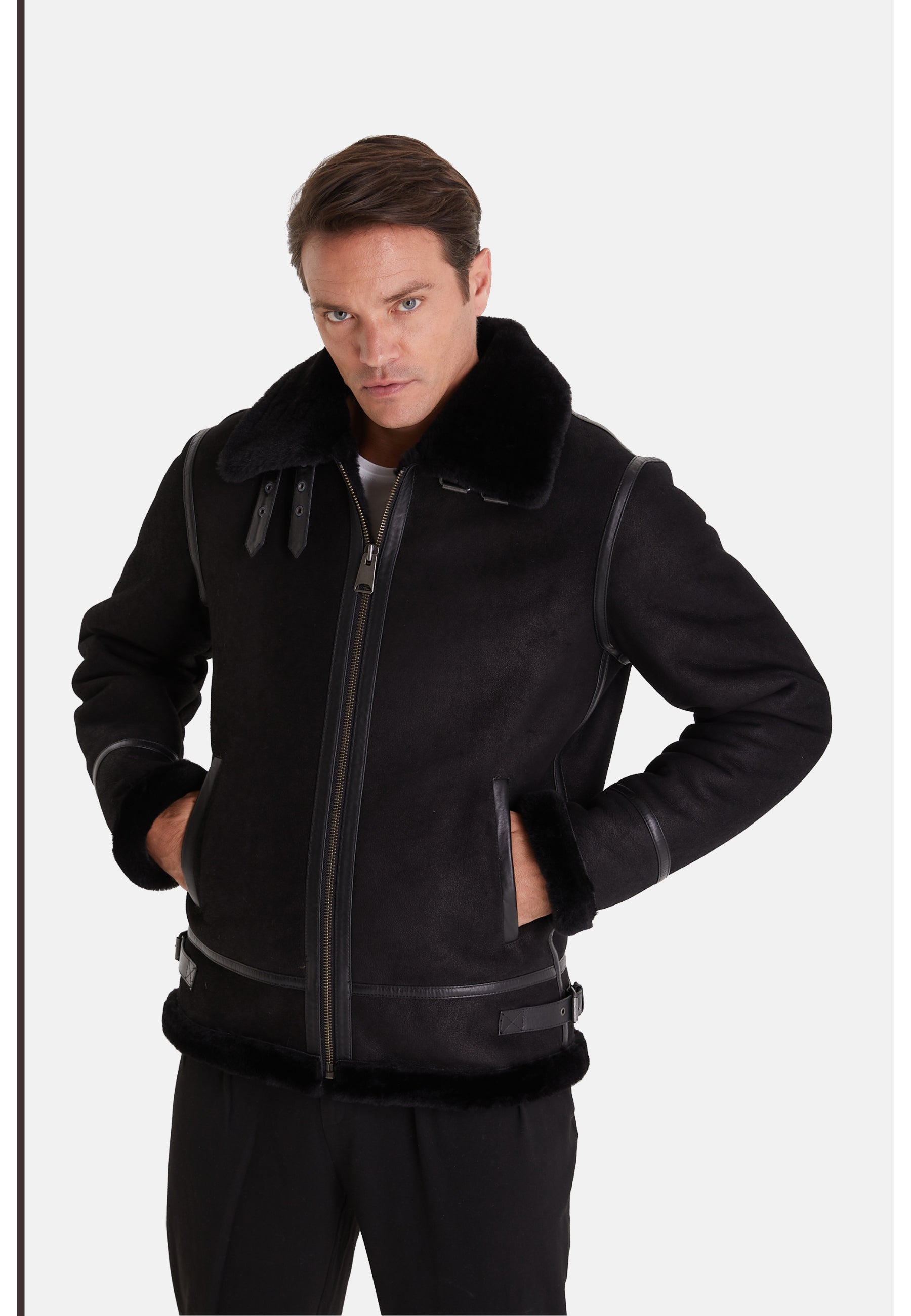 Men's Shearling Aviator Jacket, Washed Black with Black Wool