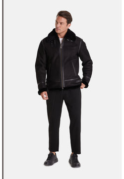 Image of Men's Shearling Aviator Jacket, Washed Black with Black Wool