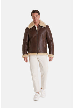 Image of Men's Shearling Aviator Jacket ,Vintage Camel With Champagne Wool