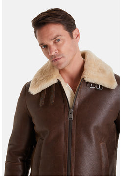 Image of Men's Shearling Aviator Jacket ,Vintage Camel With Champagne Wool