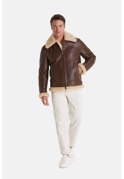 Image of Men's Shearling Aviator Jacket ,Vintage Camel With Champagne Wool