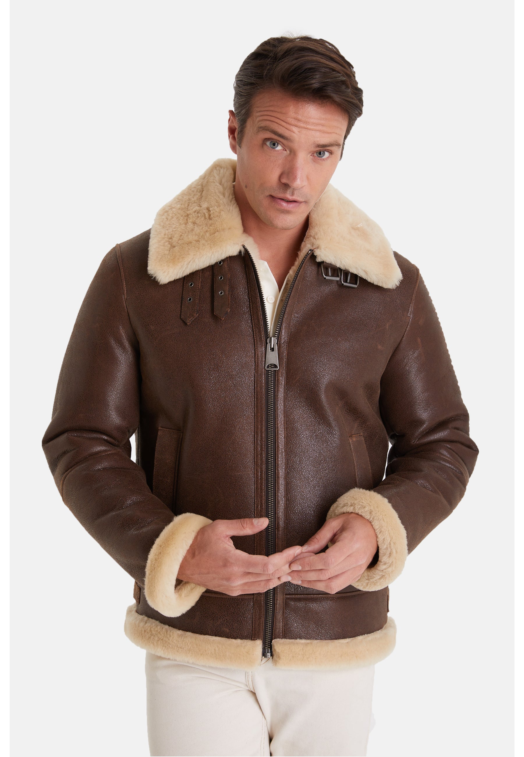 Men's Shearling Aviator Jacket ,Vintage Camel With Champagne Wool