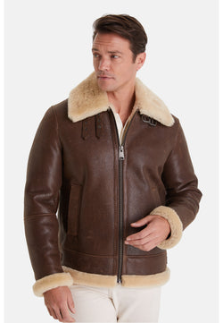 Image of Men's Shearling Aviator Jacket ,Vintage Camel With Champagne Wool