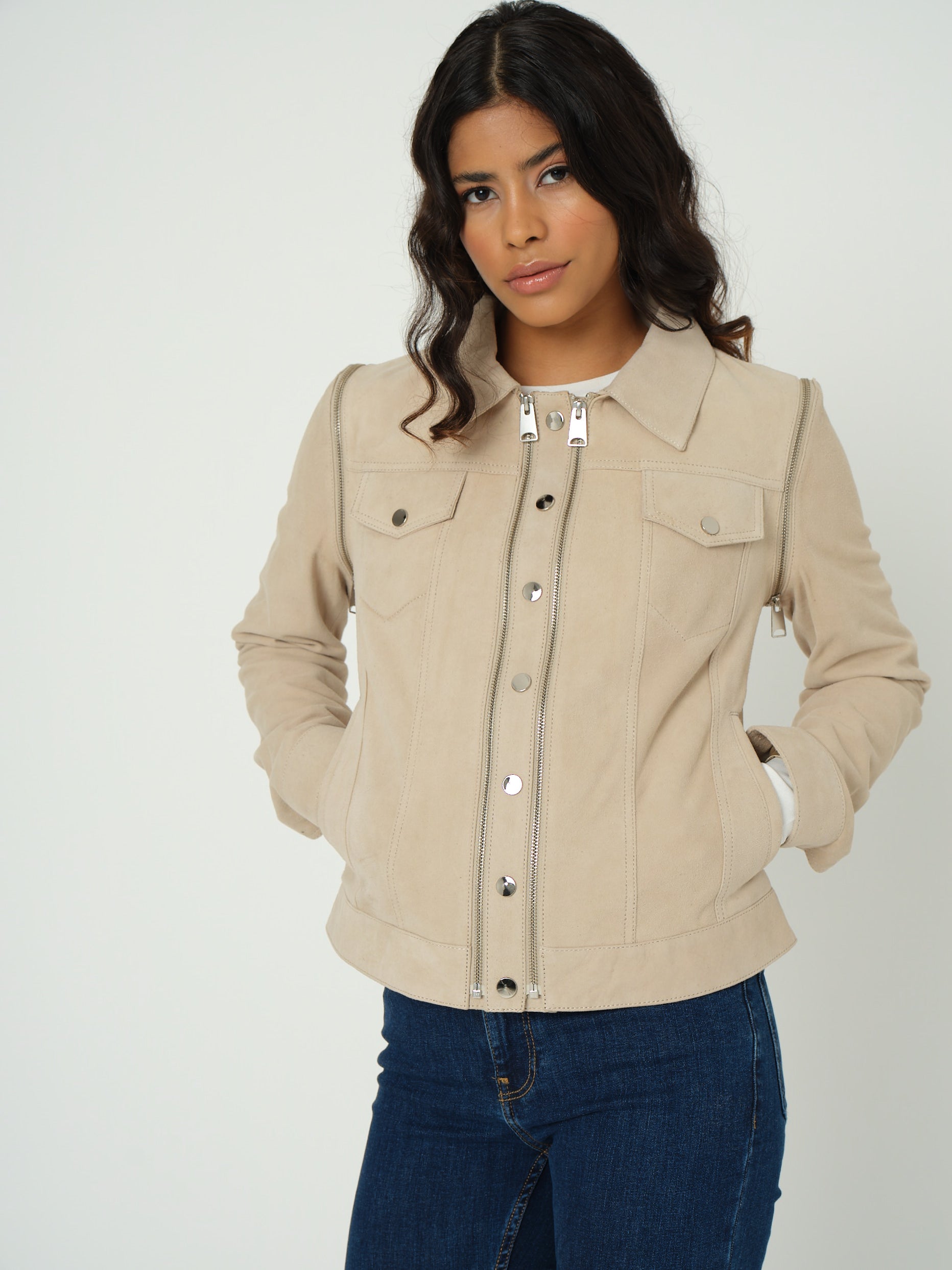 Detachable Sleeves Suede Biker Jacket and Waistcoat, Beige