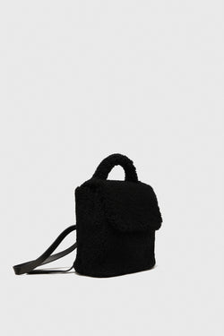 Image of Mini-Rucksack aus Lammfell für Damen, schwarze gelockte Wolle