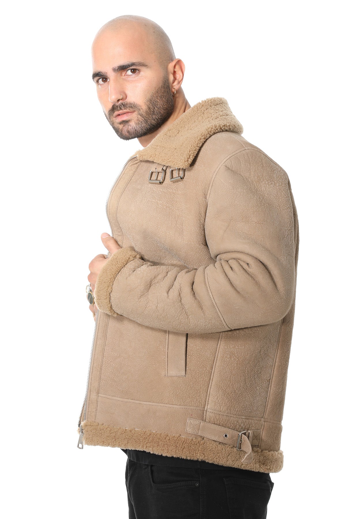 Herren Shearling RAF B3 Fliegerjacke, gewaschene Camel Curly Wool