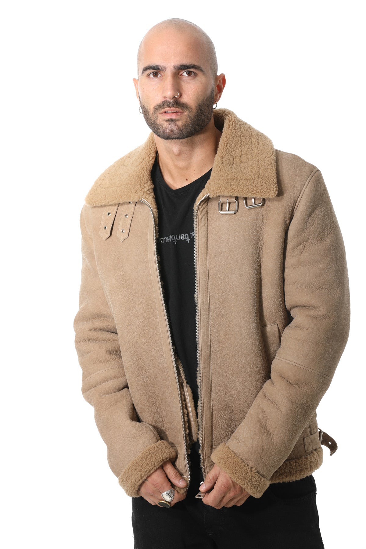 Herren Shearling RAF B3 Fliegerjacke, gewaschene Camel Curly Wool