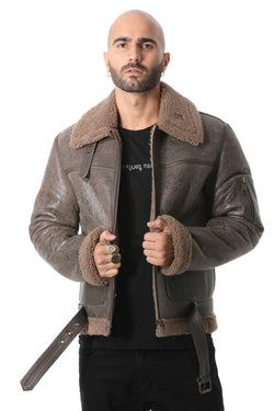 Image of Pilotenjacke aus Lammfell mit Gürtel für Herren, gelockte Vintage-Kaschmirwolle