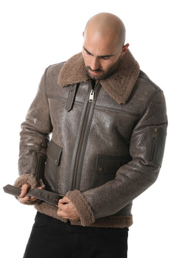 Image of Pilotenjacke aus Lammfell mit Gürtel für Herren, gelockte Vintage-Kaschmirwolle