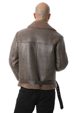 Image of Pilotenjacke aus Lammfell mit Gürtel für Herren, gelockte Vintage-Kaschmirwolle