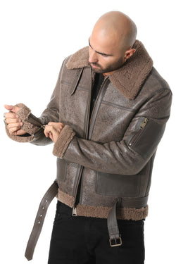 Image of Pilotenjacke aus Lammfell mit Gürtel für Herren, gelockte Vintage-Kaschmirwolle