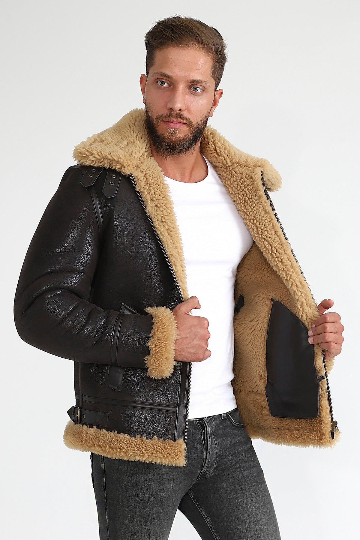 Fliegerjacke aus Shearling für Herren, Vintage Brown mit Ginger Curly Wool