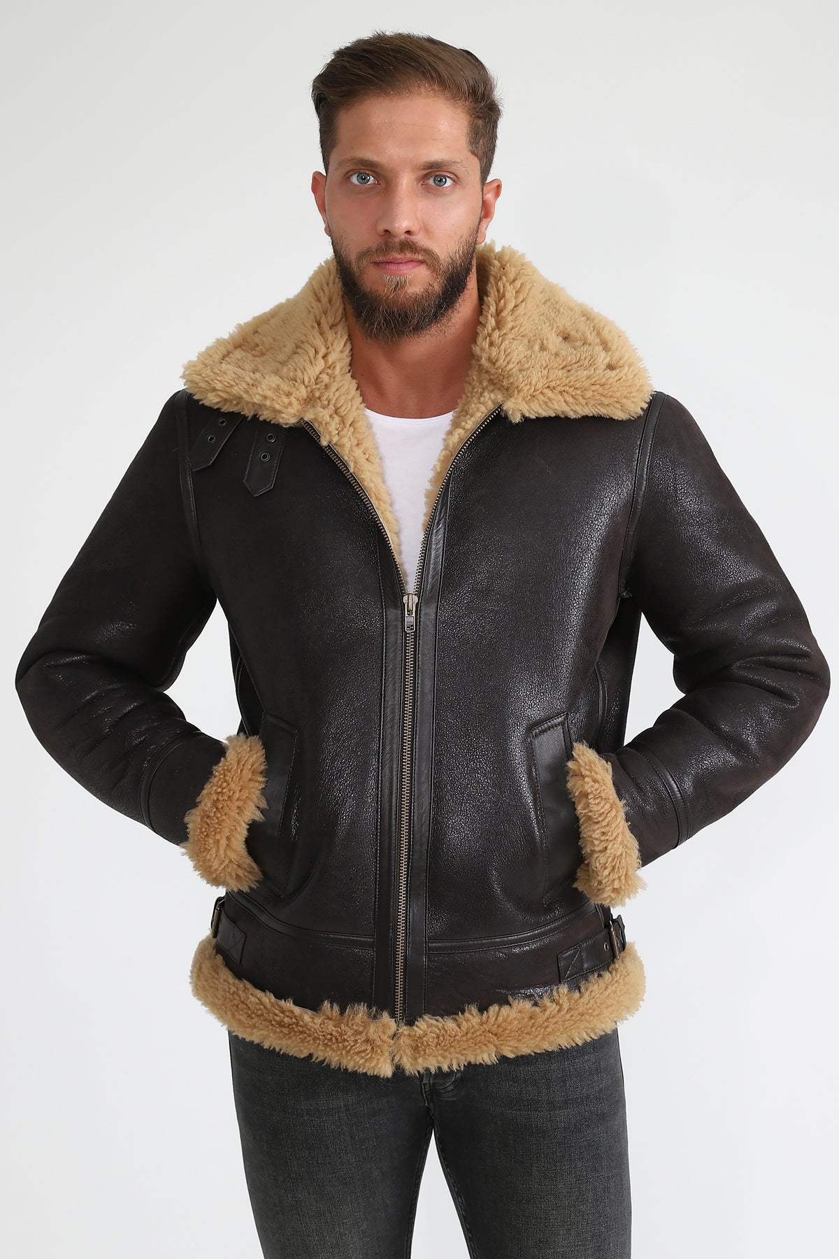 Fliegerjacke aus Shearling für Herren, Vintage Brown mit Ginger Curly Wool