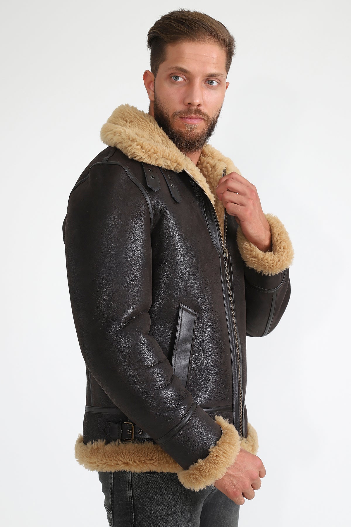 Fliegerjacke aus Shearling für Herren, Vintage Brown mit Ginger Curly Wool