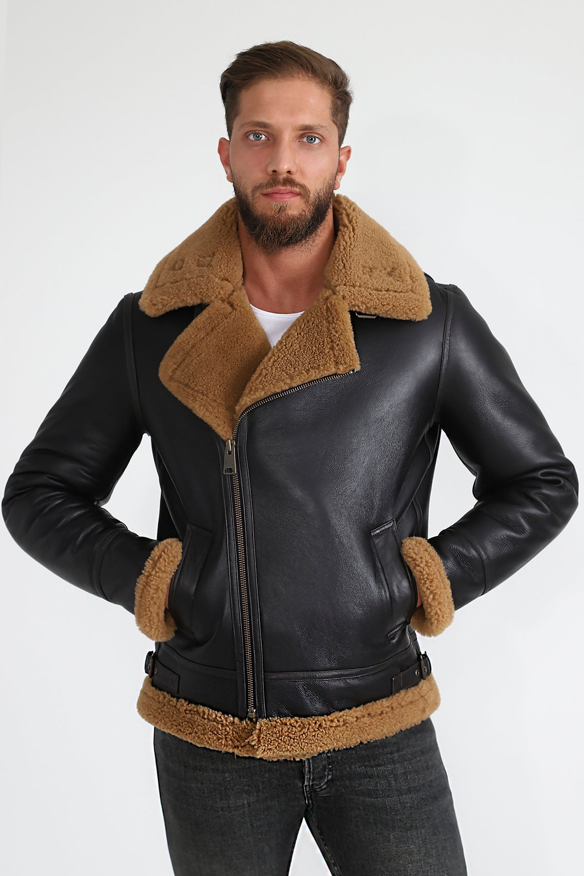 Lammfell-Bikerjacke für Herren, seidiges Braun mit Ginger Curly Wool