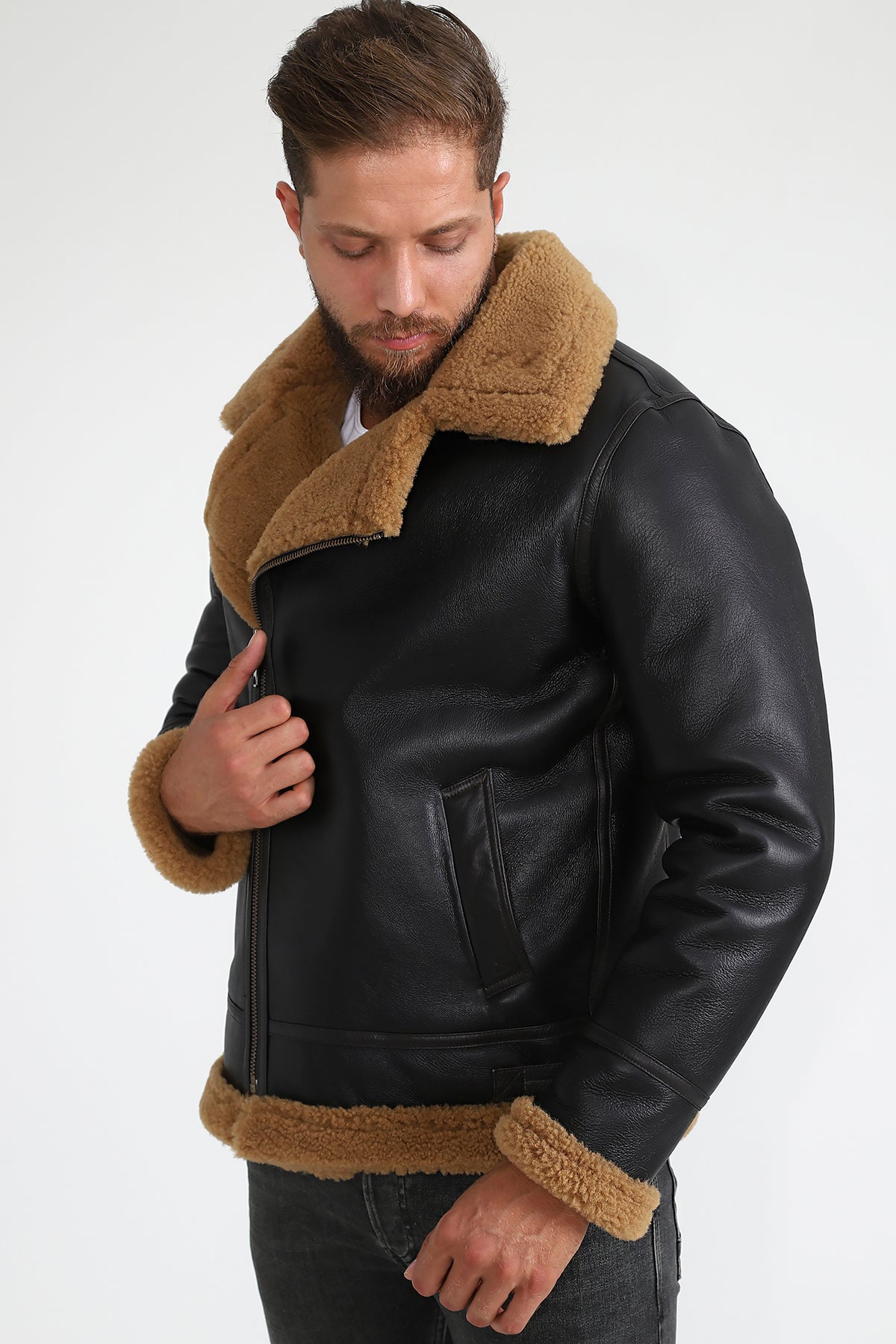 Lammfell-Bikerjacke für Herren, seidiges Braun mit Ginger Curly Wool