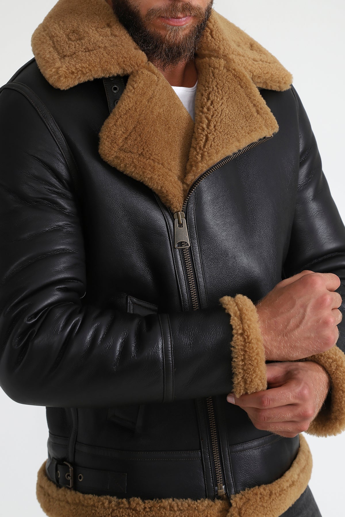 Lammfell-Bikerjacke für Herren, seidiges Braun mit Ginger Curly Wool