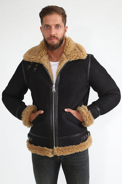 Image of Fliegerjacke aus Lammfell für Herren, verwaschenes Braun mit Ginger Curly Wool