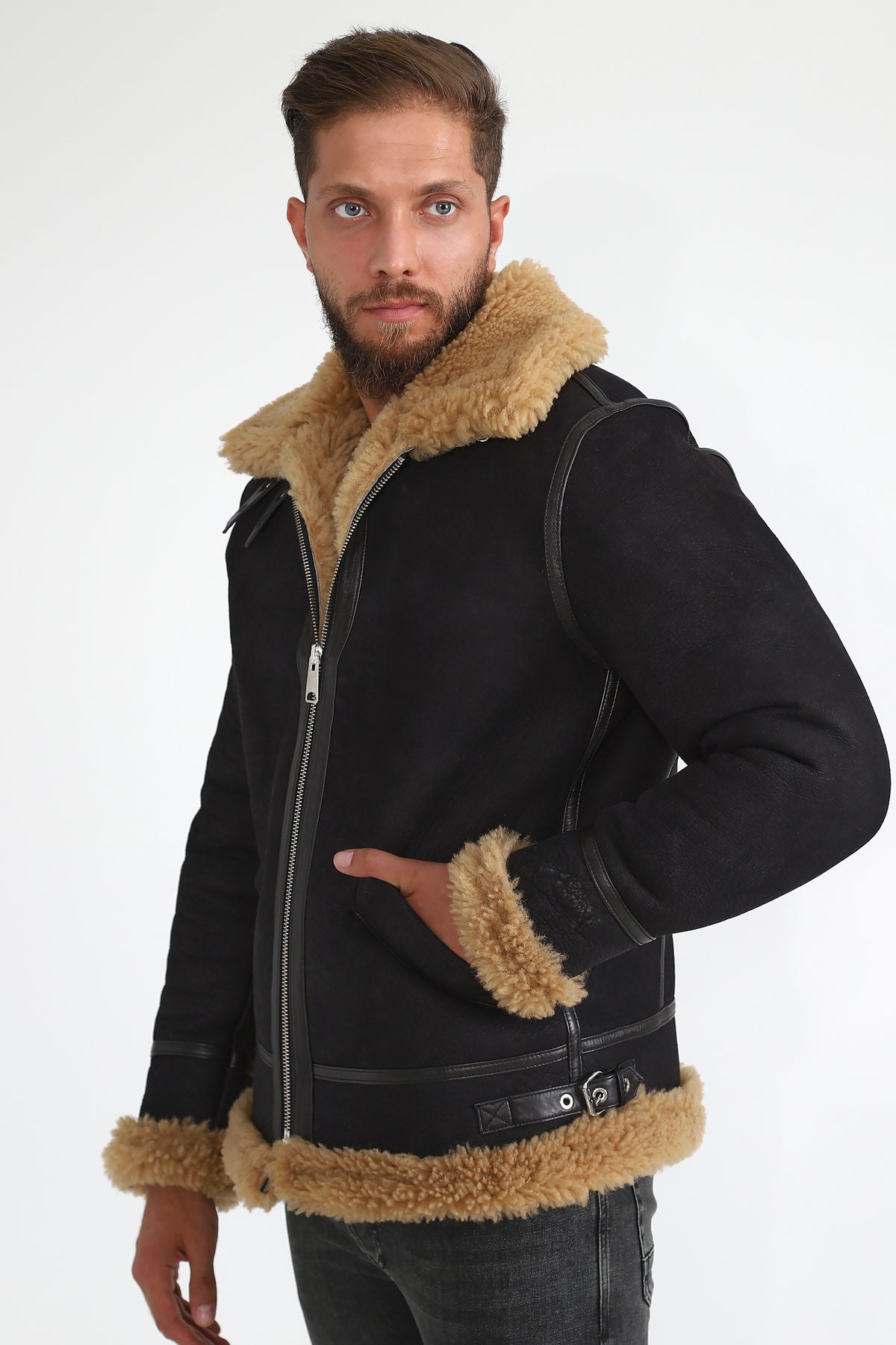 Fliegerjacke aus Lammfell für Herren, verwaschenes Braun mit Ginger Curly Wool