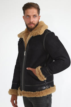 Image of Fliegerjacke aus Lammfell für Herren, verwaschenes Braun mit Ginger Curly Wool